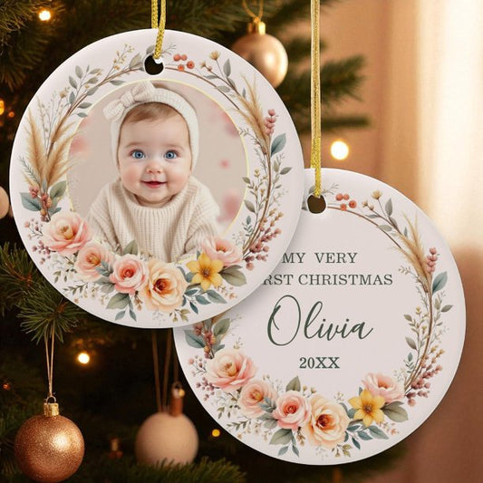 Wildflower Boho Baby First Christmas Pampas Grass Ceramic Ornament