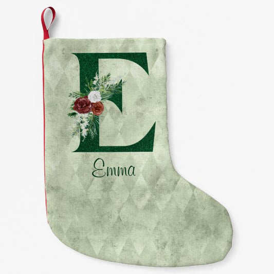 Winter Floral Illustrated Letter E Personalized Small Christmas Stocking