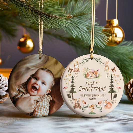 Woodland Baby Boy First Christmas Photo Ornament