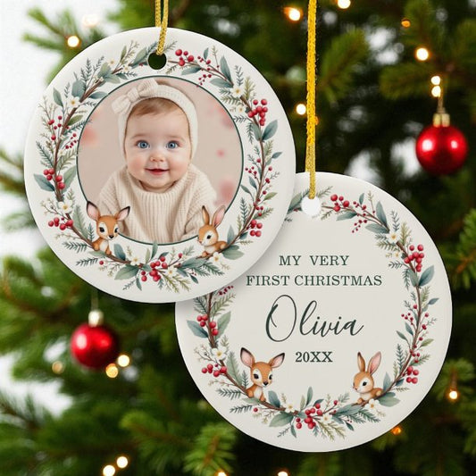 Woodland Baby First Christmas Personalized Photo Ceramic Ornament