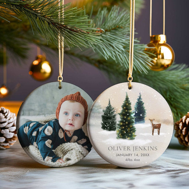 Woodland First Christmas with Birth Stats Photo Ceramic Ornament