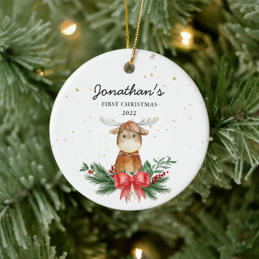 Woodland Moose Baby's First Christmas Ceramic Ornament