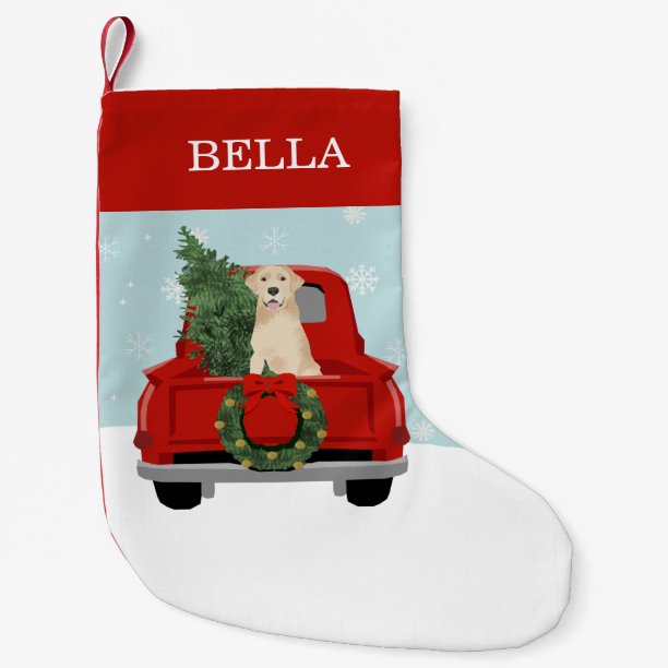 Yellow Labrador Red Christmas Truck Small Christmas Stocking