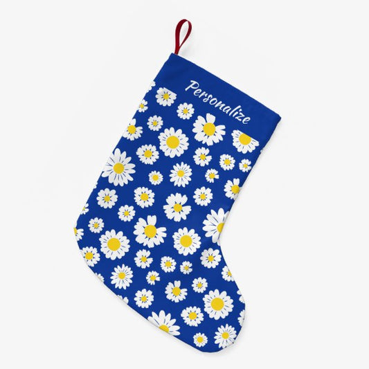 Yellow White Daisy Pattern On Blue Christmas Small Christmas Stocking