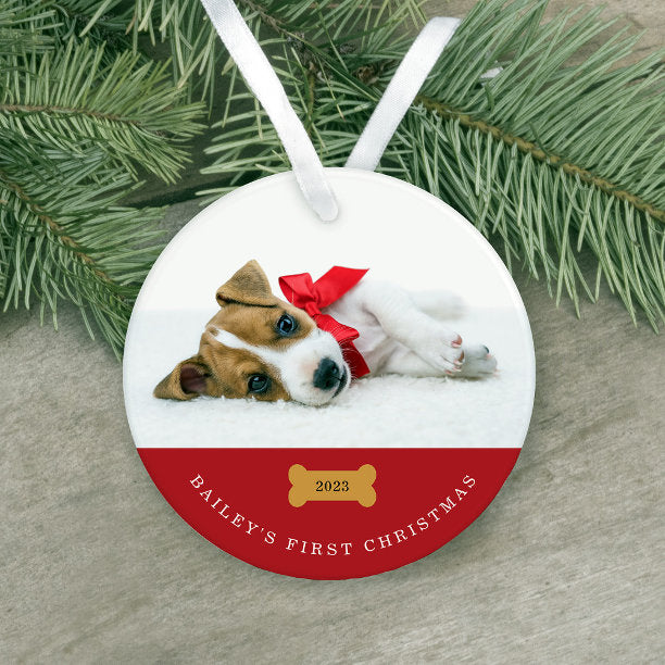 Your Dog's First Christmas Red with Two Photos Ornament
