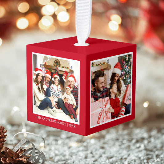 Your Family 4 Photo Collage Red Cube Ornament
